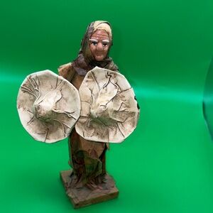 Vintage Mexican Folk Art Paper Mache Old Woman Holding 2 Hats